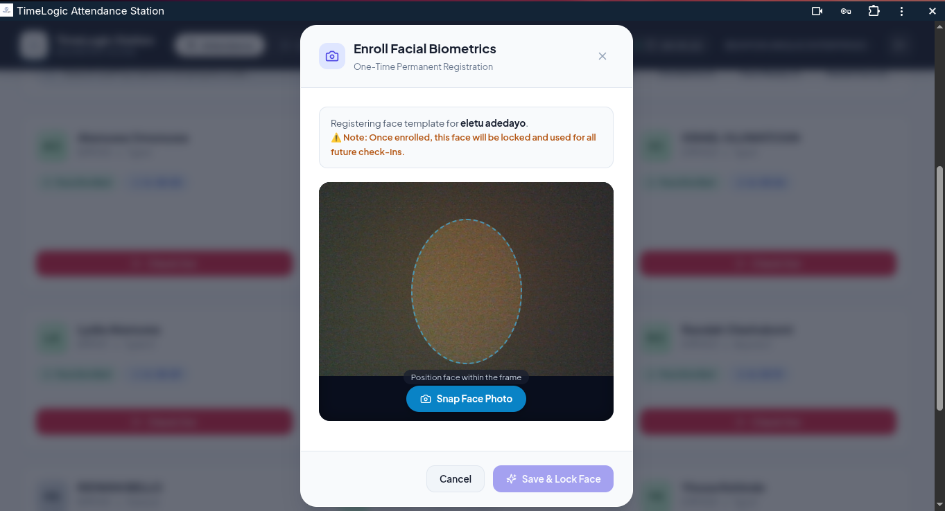 TimeLogic Attendance Station: Guided One-Time Facial Biometric Enrollment & Lock